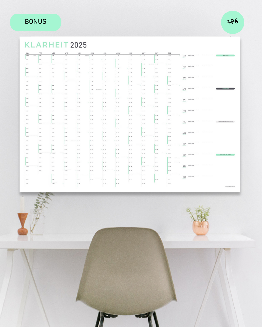 KLARHEIT Wandkalender Bonus zum Ausdrucken, minimalistisches A1 Design